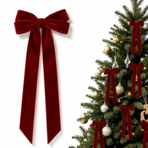 12 Pcs Burgundy Velvet Christmas Bow Decoration 5in x 10in, Soft Velvet Material, Long Ribbon Tails, Versatile Use, Festive Holiday Decor