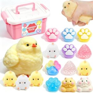13 Pack Taba Squishy Fun Box Toys Set kit, Cheap Squishies Stress Relief Toys Party Favors for Kids 4-8 8-12, Chick Hamster Paw Strawberry Squishy Squeezee Fidget Toys for Kids