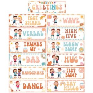13pcs Classroom Greeting Choice Poster Groovy Morning Rules Decorations Hippie Classroom Greeting Poster Educational Chart for Preschool Kindergarten Back To School Teacher Must Haves Supplies