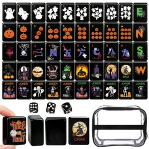160 Halloween American Mahjong Tiles Set with PVC Bag, 1.2 Inch, Black | Engraved Melamine Tiles & Storage Bag & 3 Dice, Spooky Family Game Gift for Mah Jongg Lovers