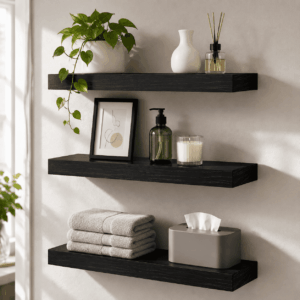 16 inch 3 Pack Wood Floating Shelves, Hanging Float Shelf for Bathroom, Bedroom, Living Room, Kitchen with 22lbs Capacity, Wall Mounted Decorative Shelves, 16 x 5.8 x0.6 Inch, Set of 3, Black