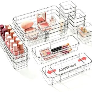 16 PCS Clear Drawer Organizer, Adjustable Drawer Storage Box, 3-Size Expandable Desk Drawer Organizer, Acrylic Storage Bins for Gadgets Storage, Kitchen Utensils, Cosmetics, and Bedroom Dressers