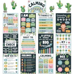 19 PCS Cactus Calming Corner Classroom Posters Calm Down Corner Emotion Posters Feeling Management Educational Mental Health Poster Back to School Wall Art Bulletin Board Decor for School Office