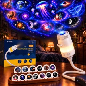 2-in-1 Galaxy Projector Night Light with 13 Films, HD Star Ocean Projector | Plug and Play, 360° Rotating Projection, Adjustable Brightness, Easy Controls, Eye-Friendly Light for Bedroom & Kids' Room
