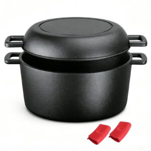 2-in-1 Pre-Seasoned 5 Qt Cast Iron Dutch Oven with Skillet Lid, Dual Handles, Perfect for Bread, Frying, Baking, Camping & BBQ