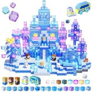 200 PCS Transparent Magnetic Blocks, Light Up Magnetic Building Block for Blue Snow Princess Castle, Frozen Magnet Cubes STEM Toys for Girls Age 3 4 5 6 7 8 9 10 11 12 13 Birthdays Gift for Kids