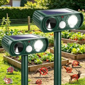 2026 Sonic Fortress Pro Deer Repellent Devices,2 Pcs Solar Animal Repellent Ultrasonic Outdoor for Squirrel Rabbit Skunk Racoon Cat Strobe Light,IP65 Waterproof Motion Sensor Animal Repeller for Yard