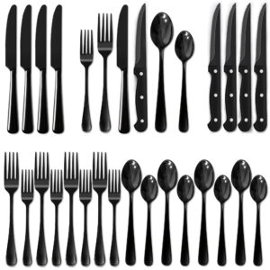 24-Pieces Black Silverware Set with Steak Knives, AOKIWO Black Flatware Set for 4, Food-Grade Stainless Steel Tableware Cutlery Set, Mirror Finished Utensil Sets for Kitchen Restaurant