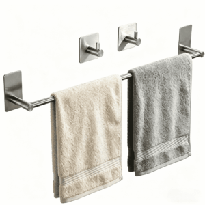 24" Stainless Steel Towel Bar Set with 2 Heavy-Duty Hooks, Wall-Mounted, Rustproof Polished Silver Towel Rack for Space-Saving