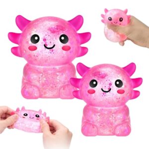 2 Pack Axolotl Squishy Toy, Cute Sitting Axolotl Stress Ball with Glitter Details, Slow Rising Sensory Fidget Toy for Stress Relief, Soft Squeeze Desk Toy and Gift, Pink