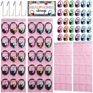 2 Pack Classroom Headphone Storage Organizer 30 Pockets PVC Clear Organizer Holder for Cell Phone Over The Door Hanging Bag with Headphone Storage Card Digital Sticker for Back to School Library(Pink)