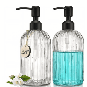 2PACK Glass Soap Dispenser with Rust Proof Stainless Steel Pump, Refillable Hand Soap Dispenser with Vertical Stripe, Premium Bathroom soap Dispenser for Kitchen & Bathroom