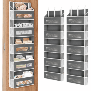 2 Packs 5-Tier Over the Door Storage Organizer with 10 Side Mesh Pockets, 48 lbs Load Capacity, 3 Hooks Design, Hanging Organizer with Clear Windows for Bathroom, Bedroom, Nursery, Kitchen-Grey