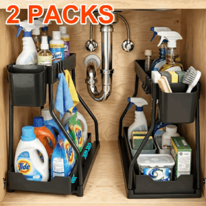2 Pack Under Sink Organizer, 2 Tier L-Shaped Pull Out Cabinet Organizer for Kitchen and Bathroom, Space Saving Sliding Drawer Storage Rack, Durable Plastic Narrow Space Shelves, Black