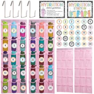2 Pack Water Bottle Organizer for Classroom 30 Pockets PVC Clear Organizer Holder for Cup Over The Door Hanging Bag with Hydration Station Sign Digital Stickers Hooks for Back to School Kitchen (Pink)