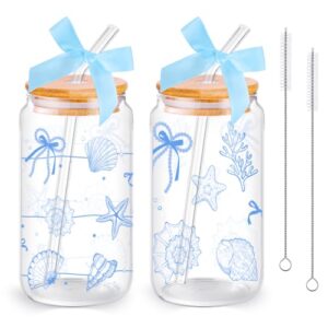 2 Pcs Beach Glass Cups with Lids and Straws Ocean Themed Gifts for Women