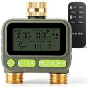 2 Zone Water Timer with Brass Inlet Outlet, Sprinkler Timer for Garden Hose | Remote Control, IP65 Waterproof, Programmable Automatic Irrigation Controller, Rain Delay, Manual Watering, Child Lock