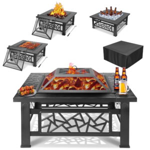 32" Fire Pits for Outside, Updated Segmart Outdoor Firepit with Fireplace Screen, Lid Square Wood Burning Fireplace Heater/Ice Pit for Camping, Outdoor Heating, Bonfire and Picnic, Black