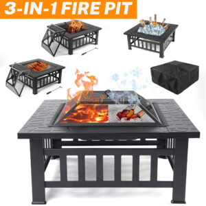 32'' Multipurpose Fire Pit, Outdoor Fire Pit Table for Net Lid/Poker, Square Bronze Firepit Stove for Outside Camping Backyard Bonfire