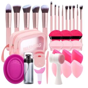 33PCS Makeup Foundation Brushes Tool Set with Sponges, Eyelash Curlers, Powder Puffs, Silicone Washing Bowls, Eye Aids, Nano Spray Bottles, Exfoliating Face Brushes, Eyebrow Trimming, Storage Bag