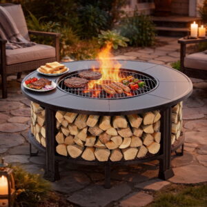 38" Fire Pits for Outside, SEGMART Outdoor Fire Pit, Round Wood Burning Fire Pit with Grill, Poker, Waterproof Cover, Fire Pit Table for Patio BBQ, Backyard Fire Pit, Firepit for Outside Patio, Black