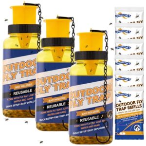 3 Pack Fly Traps Outdoor with 6 Natural Bait Refills | Reusable Hanging Fly Catcher for Patio, Garden, Orchard, Yard, Ranch and Horse Farm