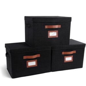 3 Pack Large Fabric Storage Boxes with Lids (15.75" x 11.25" x 11.25") - Decorative Bin with Lid, Label Holder, Faux Leather Handles - Large Storage Boxes for Organizing Clothes, Blankets - Black