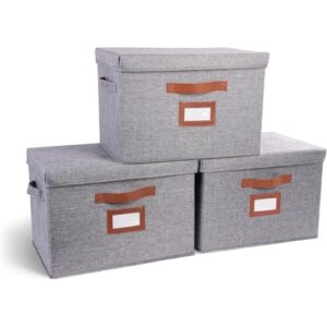 3 Pack Large Fabric Storage Boxes with Lids (15.75" x 11.25" x 11.25") - Decorative Bin with Lid, Label Holder, Faux Leather Handles - Large Storage Boxes for Organizing Clothes, Blankets - Grey