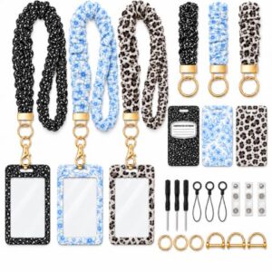 3 Packs Scrunchie Teacher Lanyard with ID Holder Keychain Wristlet Set | Cute Teacher Lanyard Scrunchie Badge Lanyards for Women, Soft Retractable Lanyards for Nurses Office Worker Travel