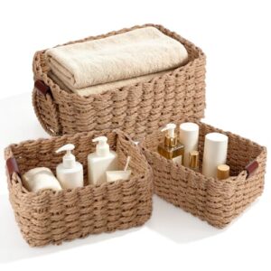 3 Pcs Woven Storage Basket, Small Wicker Basket Storage Bins | Multi Size Paper Rope,Small Bathroom Baskets for Organizing Shelves, Cabinet, Pantry, Living Room, Wedding Bathroom - Brown