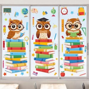 3 Sheets Extra Large Reading Corner Window Cling Giant Back to School Window Decals Decorations Owl Books Educational Double-Sided Reusable Sticker for Classroom Library Favor Supplies