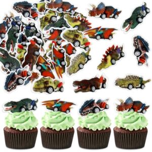 40PCS Edible Jurrasic Dinosaur Cars Cupcake Toppers Dinosaur Pull Back Car Cupcake Picks for Dinosaur Games with T-Rex Roar Party Dinosaur Baby Shower Boys Girls Birthday Cake Decorations