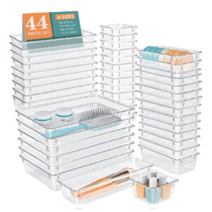 44 Pcs Clear Plastic Drawer Organizer Set, 4 Sizes Desk Drawer Divider Organizers and Storage Bins for Makeup, Jewelry, Gadgets for Kitchen, Bedroom, Bathroom, Office