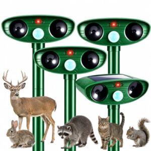 4 Pack Solar Ultrasonic Animal Repellent Outdoor Deer Repellent Devices Squirrel Cat Deterrent with Motion Sensor Waterproof Rabbit Repellent Raccoon Fortress Pro for Plants Garden Yard