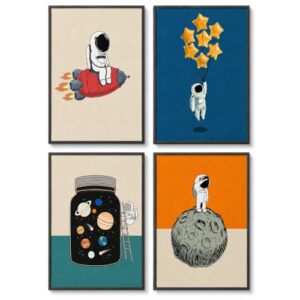 4 Pcs Space Room Decor, Framed Canvas Wall Art for Boys' Room, 12x16 Inch