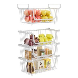 4 Pcs Stackable Wire Baskets for Pantry Organizers and Storage, White