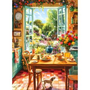 500 Piece Puzzle for Adults, Cozy Kitchen and Garden View Jigsaw Puzzle, Colorful Puzzles with Flowers, Sunshine and Dog, Relaxing Gifts for Adults, Seniors, Finished Size 20.5”x 15”