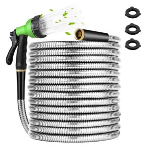 50ft Garden Hose Metal with Nozzle, KIMHY 304 Stainless Steel Water Hose 3 /4 Inch , Kink & Tangle Free, Rust Proof, 150 Psi