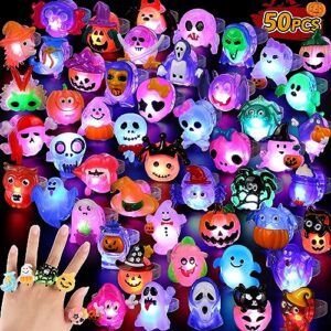 50pcs 3D Halloween Treats Toys Light Up Ring Gifts Halloween Party Favors | LED Glow In The Dark Party Supplies For Kids Goodie Bag Fillers Stuffers Non Candy Treats Prizes Decorations