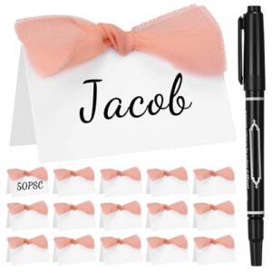 50 Pcs Name Place Cards, Bow Place Cards for Table Setting, Pink