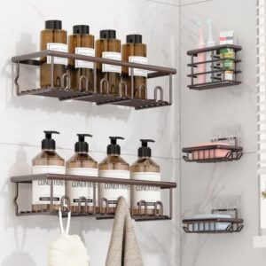 5 Pack Adhesive Bathroom Holders & Dispensers for Kids & Adults, Brown | Large Capacity No-Drilling Rustproof Shower Caddy Shelves Rack with Soap Dishes, Toothbrush Holder & Hooks