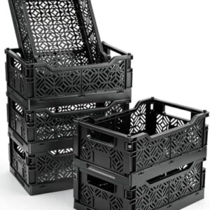 6-Pack Collapsible Plastic Storage Baskets, Stackable Bins with Label Slots | Plastic crates(12.2"x8.3"x4.7"). Fold flat to save space. Ideal for pantry, toys, office shelf organization & decluttering