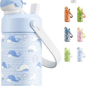 POWCAN 12 oz Kids Water Bottle for School: 2-in-1 Straw Spout Lid with Soft Animal Head, Leakproof, Backpack Friendly, Keep Cold 24H, Insulated cup for Sports, Playground, Holiday Gift (Whale Splash)