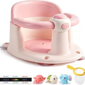 Baby Bath Seat for Babies 6 Months & Up, Temperature Alert Baby Bathtub Seat for Babies Sitting Up, Non-Slip Toddler Bath Chair, Ergonomic Backrest Infant & Newborn Bath Tub Seats with 3 Bath Toy Pink
