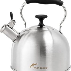 Stainless Steel Tea Kettle, 2.5 Qt Stovetop Teapot, Brushed | Brushed stovetop teapot with 304 stainless body, clear whistle, folding handle, and easy-pour spout.