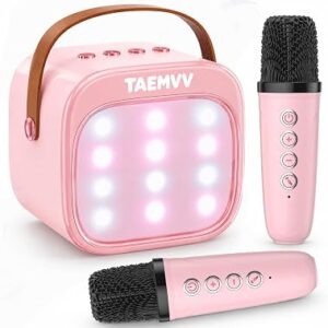 TAEMVV Mini Karaoke Machine for Kids with 2 Wireless Microphones, Pink