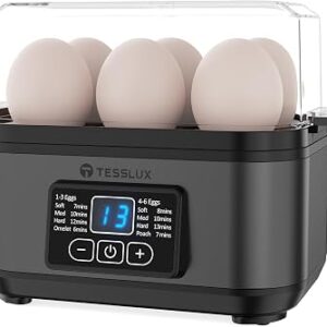 Tesslux Electric Egg Cooker, 6 Egg Capacity, Hard Boiled, Poached, Omelet