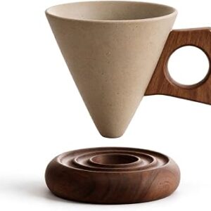 Vintage Funnel-Shaped Rough Ceramic Coffee Mug with Wood Handle