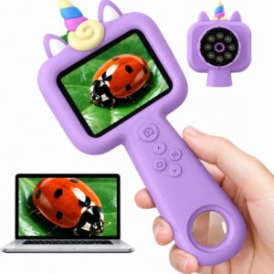 Kids Microscope, 2.4″ Screen Handheld Digital Microscope 600X with 4K Camera & 8 LED Lights, Portable Pocket Microscope for Bugs Plants Nature Exploration, STEM Science Toy Gift Ages 3-12（Purple）
