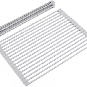 Roll Up Dish Drying Rack Over Sink, 17.5″ x 13″ Silicone Coated Stainless Steel Sink Drying Rack, Foldable Dish Drainer Rack for Kitchen Counter, Heat Resistant, Non-Slip, Space Saving, Gray